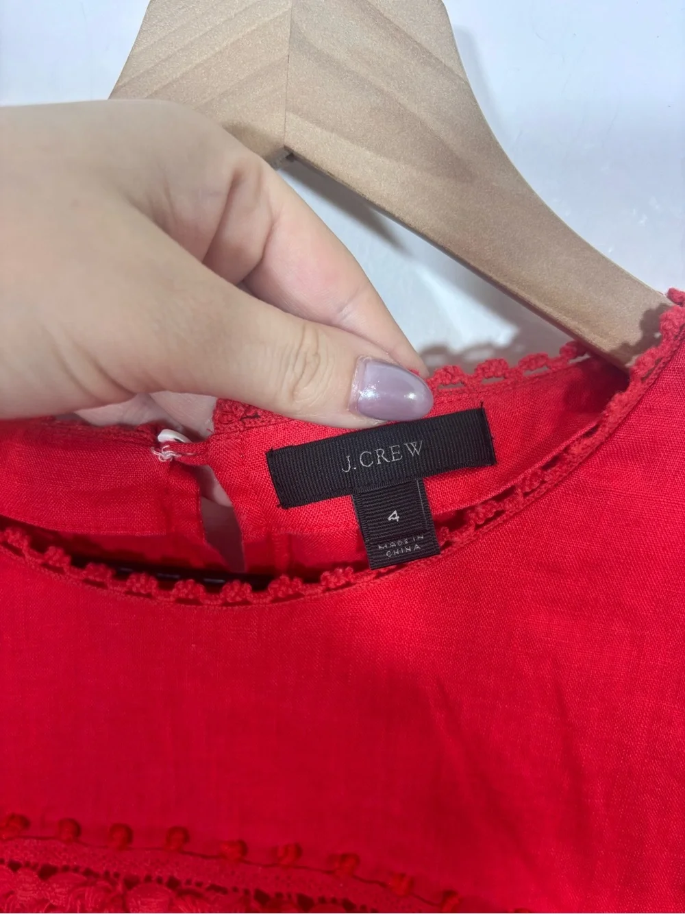 J Crew Embroidered linen top Size 4 Vibrant Red F0825 Lightweight Breathable